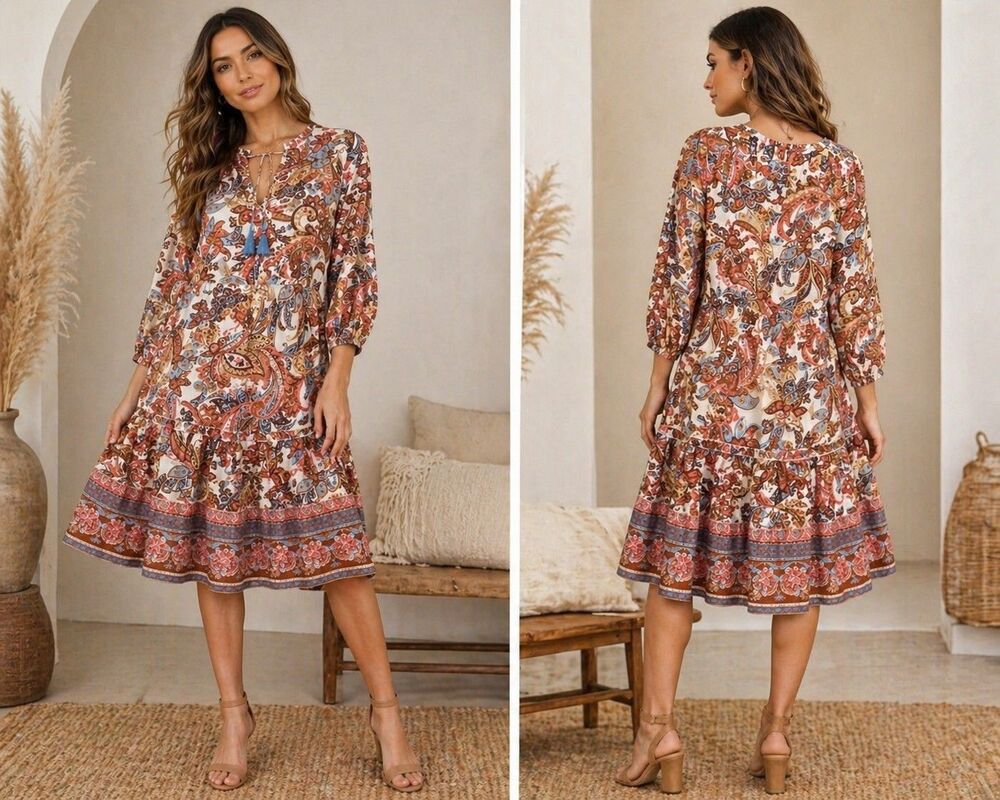 Soft Surroundings Boho Cottagecore Paisley  Dress S Tassel Tie Peasant Tiered